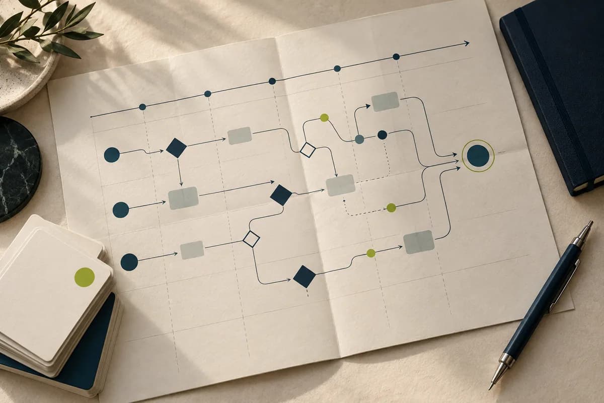 Mapa conceptual de un sistema digital con etapas, decisiones y conexiones.