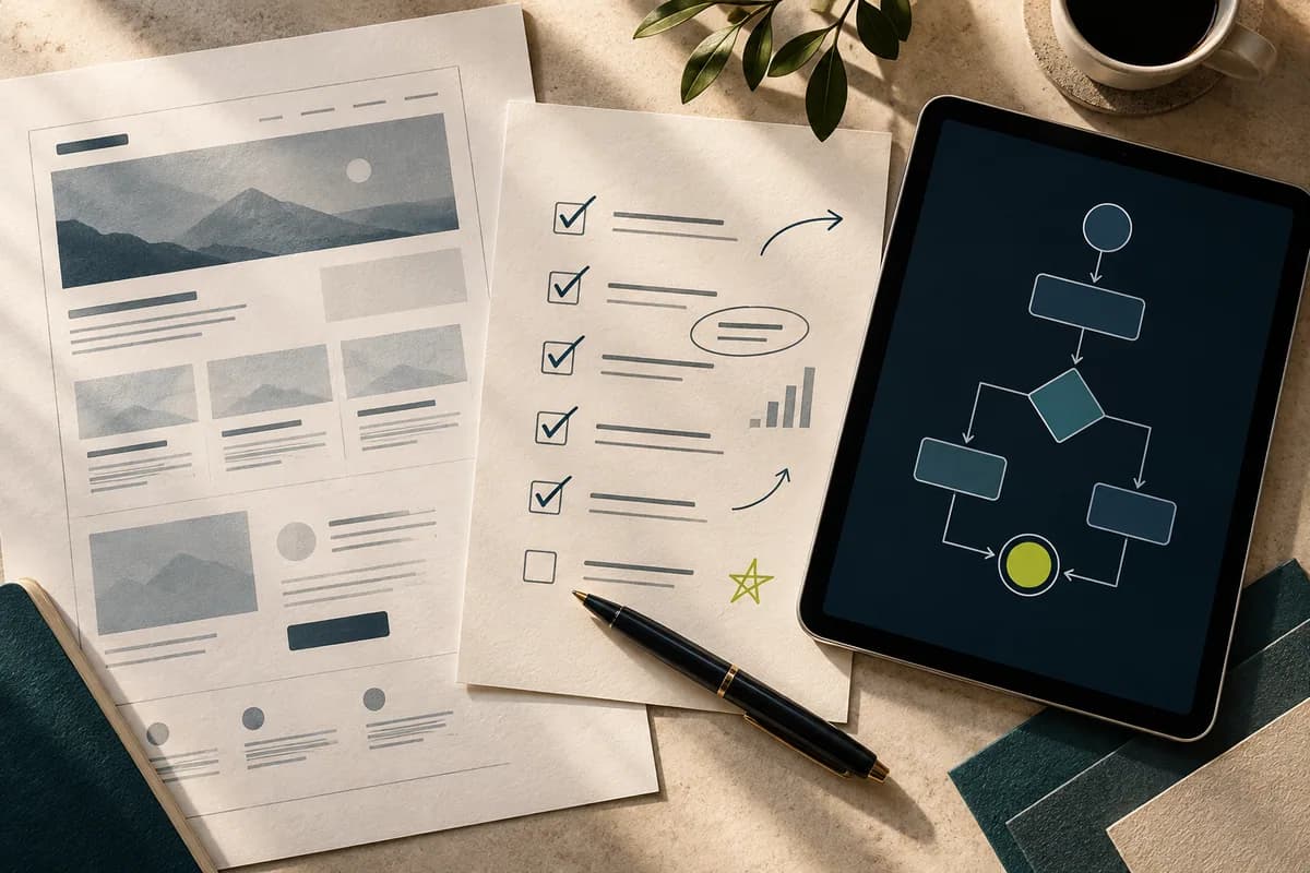 Composición conceptual de una auditoría web con checklist y un recorrido de conversión.
