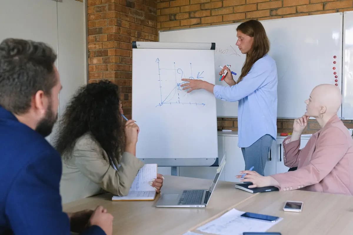 Una instructora explica en un rotafolio mientras su equipo escucha alrededor de la mesa.