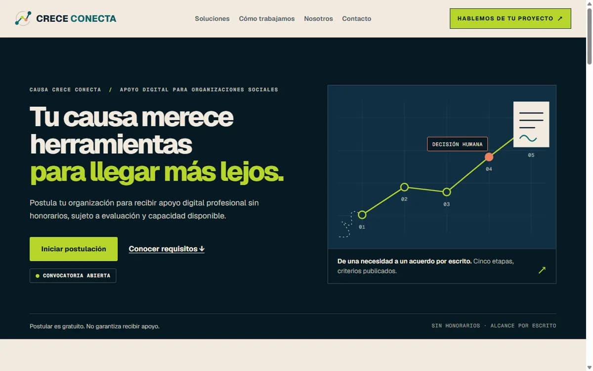 Página de Causa Crece Conecta con el titular «Tu causa merece herramientas para llegar más lejos».