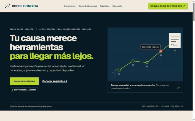 Página de Causa Crece Conecta con el titular «Tu causa merece herramientas para llegar más lejos».