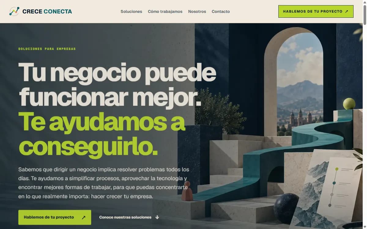 Portada de crececonecta.com con el titular «Tu negocio puede funcionar mejor».